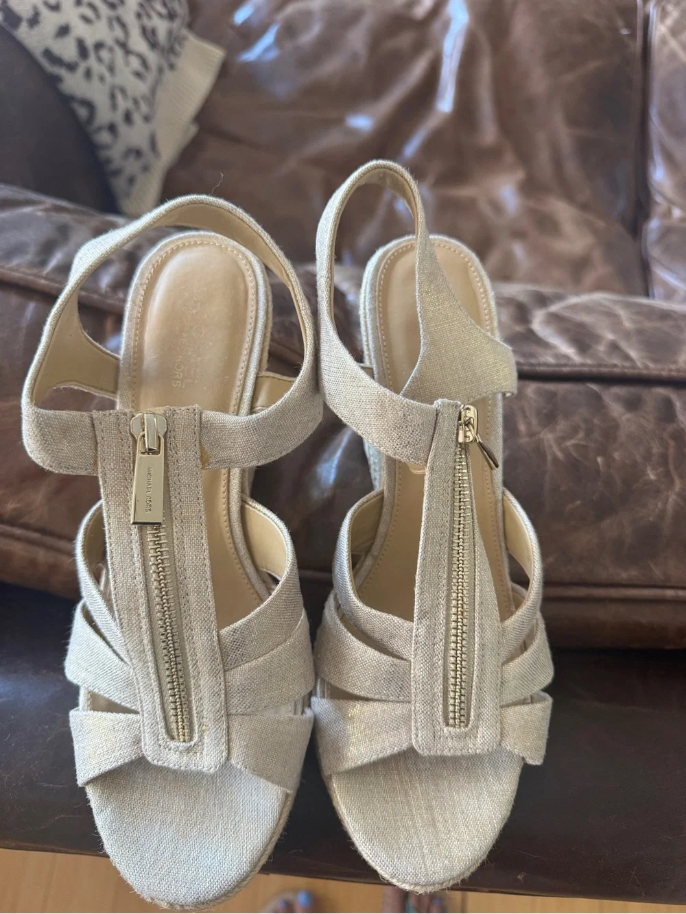 Womens Beige Linen Zip Front Wedge Sandals